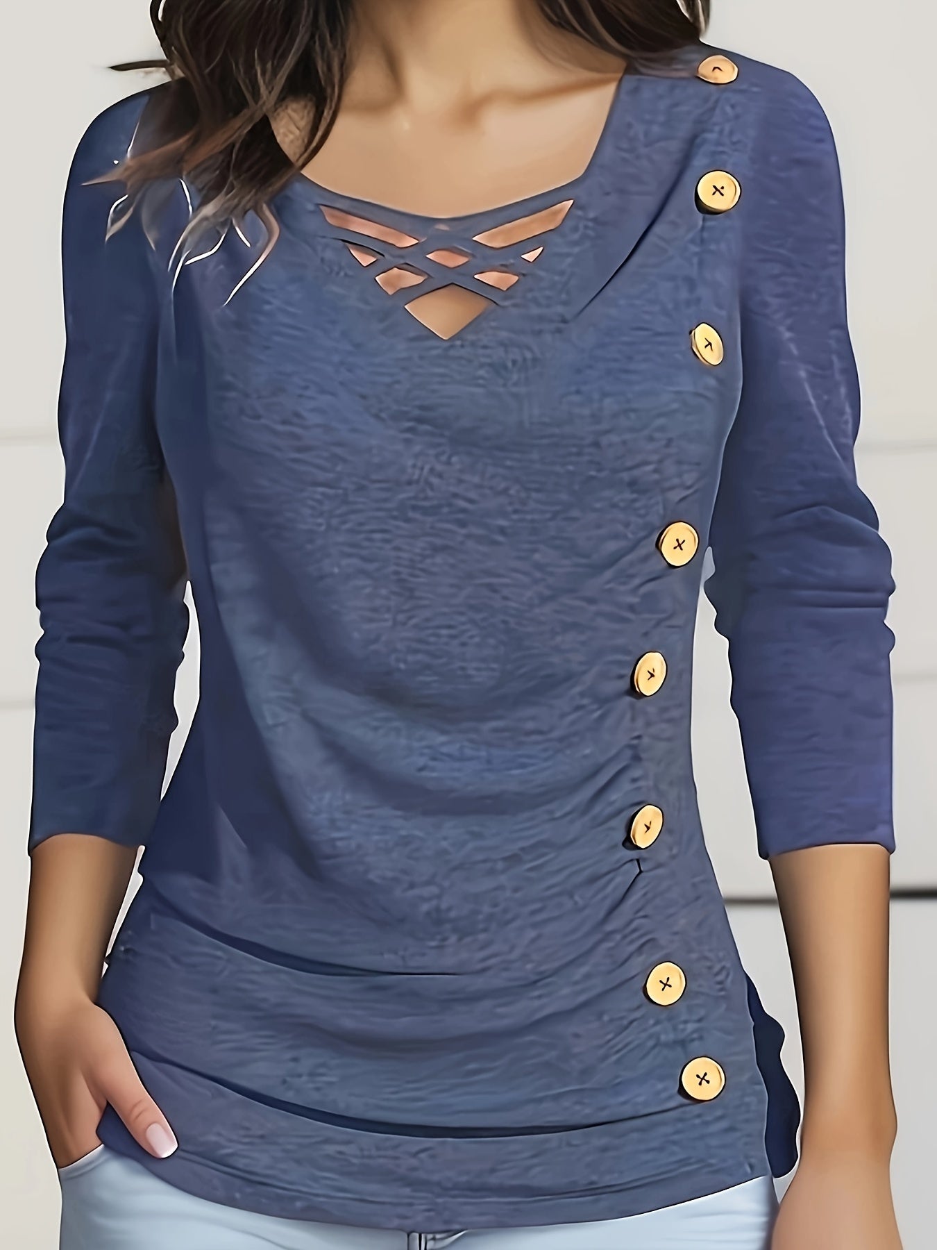 Crisscross V Neck T-shirt with Button Long Sleeve Ruched Top for Women