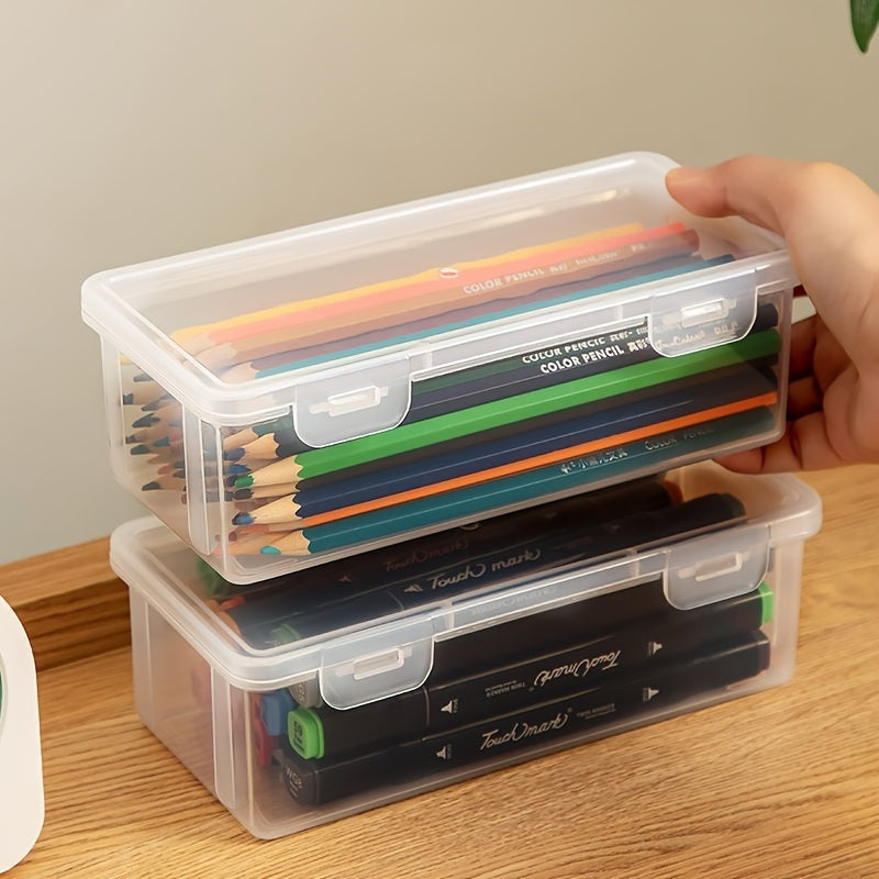 Set of 4 large clear PP storage boxes with lids, ideal for organizing office and school supplies like pens, pencils, markers, and crafts.