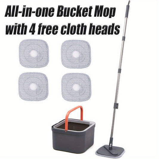 The All-in-One Spin Mop and Bucket Set includes 1 bucket, 1 stainless steel handle, and 4 reusable microfiber heads. This easy wringing flat mop is perfect for wet and dry floor cleaning in any room of the house, including the living room, bedroom