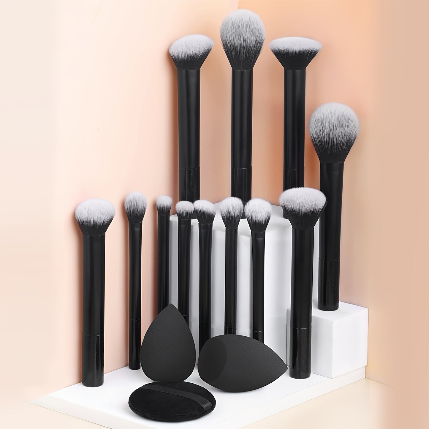 12-piece professional makeup brush set with nylon bristles, palm brushes, sponges, powder puff, ABS plastic handle, suitable for all skin types