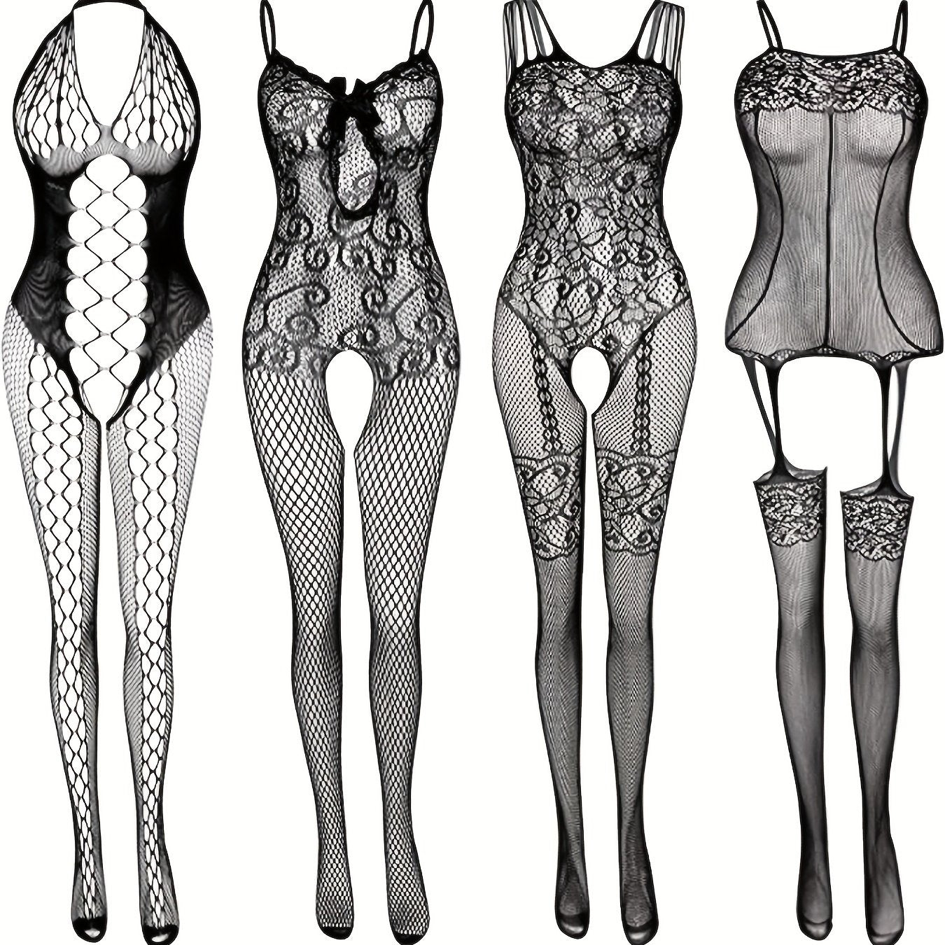 Set of 4 sexy fishnet bodystockings with open crotch and jacquard design for women's lingerie.