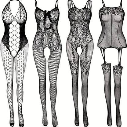 Set of 4 sexy fishnet bodystockings with open crotch and jacquard design for women's lingerie.