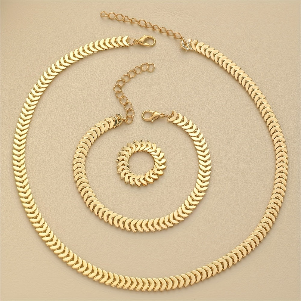 High-quality 3-piece jewelry set with fish scale iron chain necklace, ring, and bracelet. Casual yet elegant gift set.