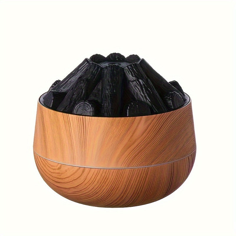 Innovative charcoal-powered humidifier with large mist output and aromatherapy function. USB powered with wooden base and flame effect, perfect for any room type. (Battery not included)