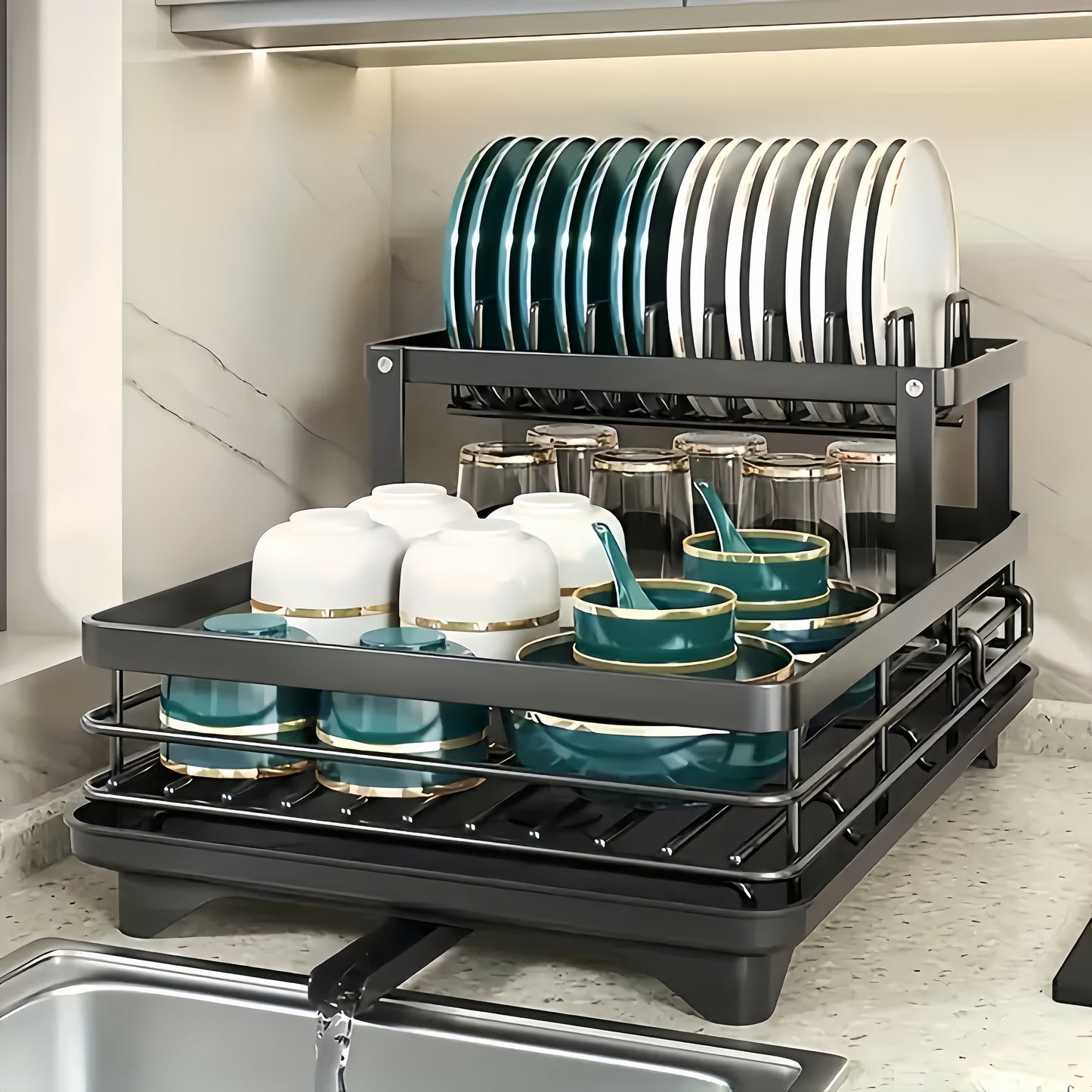 Compact double layer dish rack with drain board - high capacity, stackable & easy to clean, with cup and cutlery holder - ideal for kitchen organization.