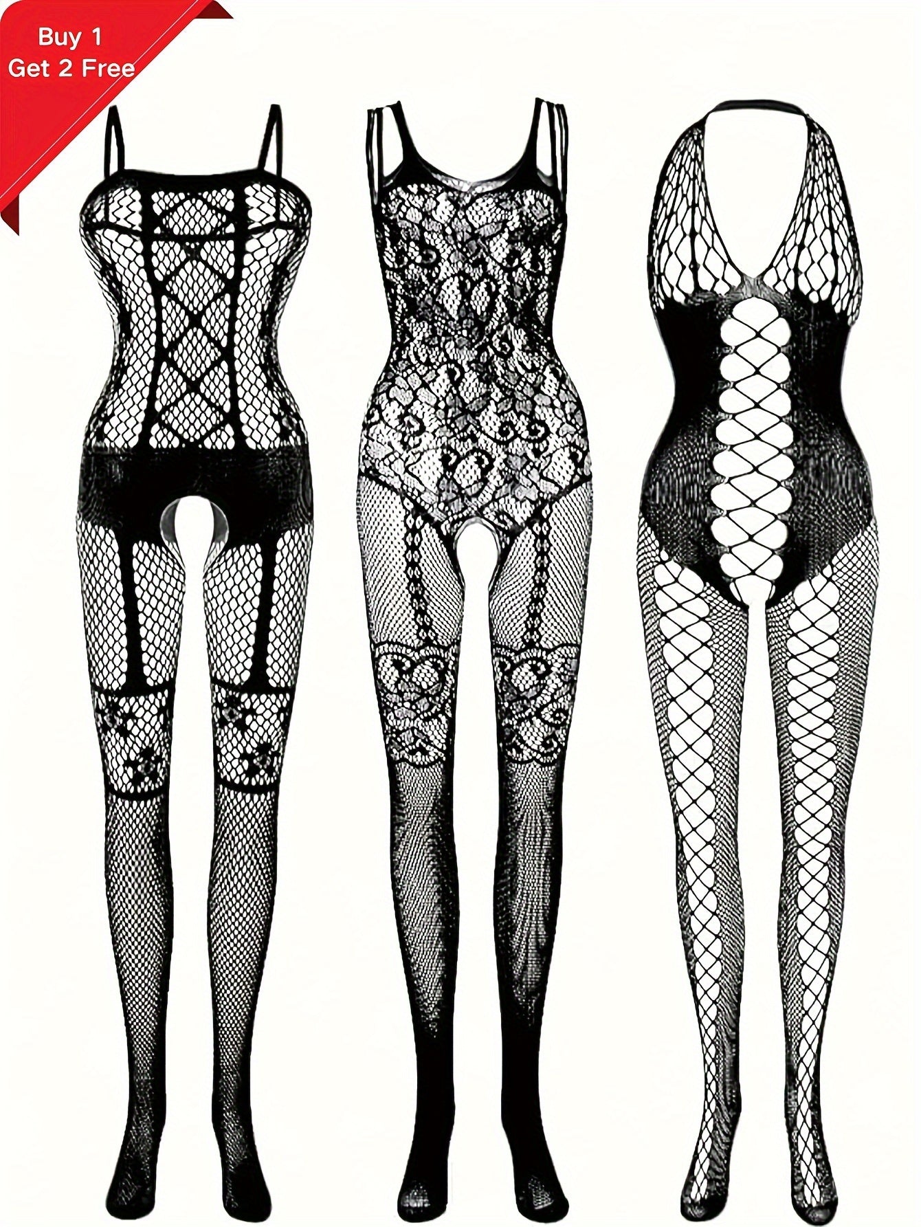 Women's fishnet lingerie set including bodysuit, tights, and stockings in a sexy lace design.