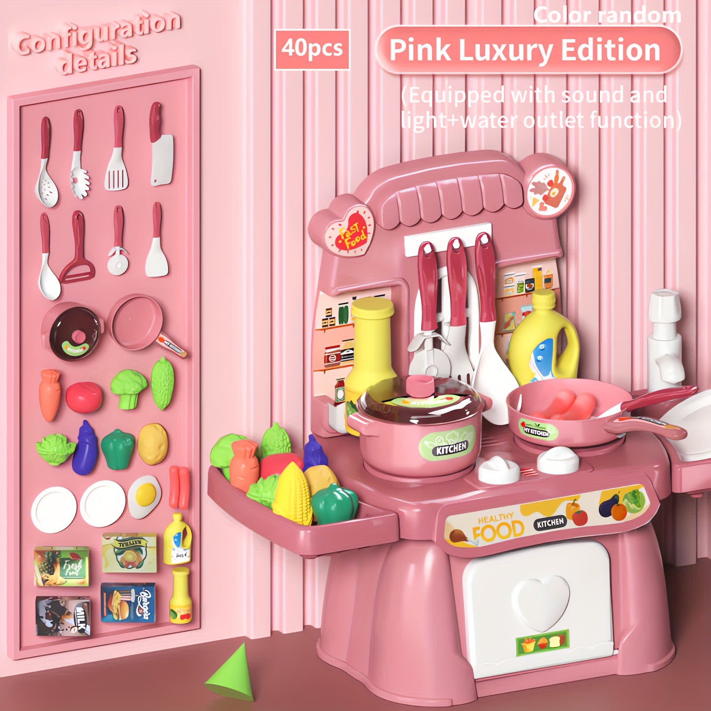 Pink Kids Kitchen toy set with light and sound features, including food and utensils for pretend cooking and chef role play. Fun and stress-relieving toy.