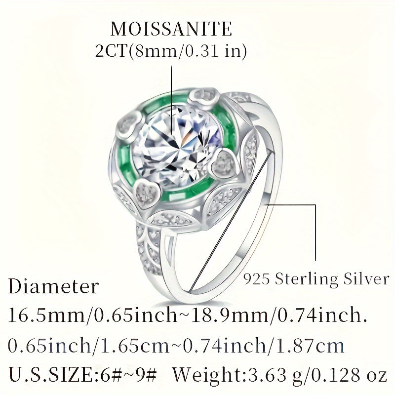 Stunning 2Ct Moissanite Engagement Ring in Elegant Bohemian & Court Style for Women, Crafted in 5.6G of S925 Silver. Features a Round Cut with Beautiful Green Accents, Includes Gift Box - Ideal for Weddings and Valentine's Day.