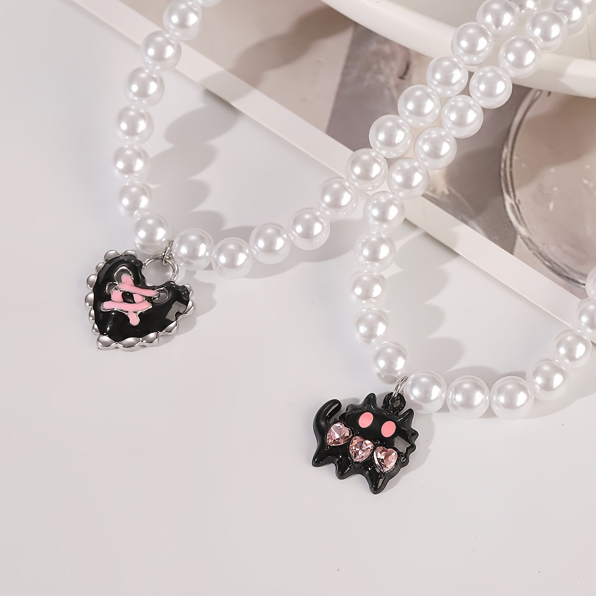 Y2K-Inspired Women's Necklace Set with Faux Pearl, Pink Monster, Heart & Cross Pendants - Includes 4 Pieces for Daily or Party Wear - Ideal Gift for Friends or Girlfriends, Random Style