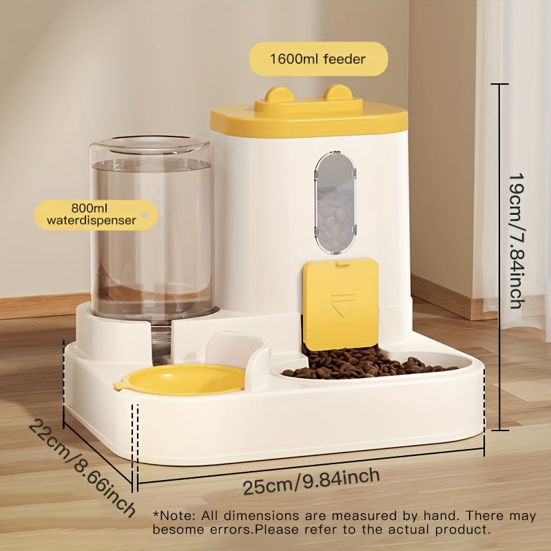 Combined automatic cat feeder and water dispenser for cats, non-electric and neck-friendly option for food and water.