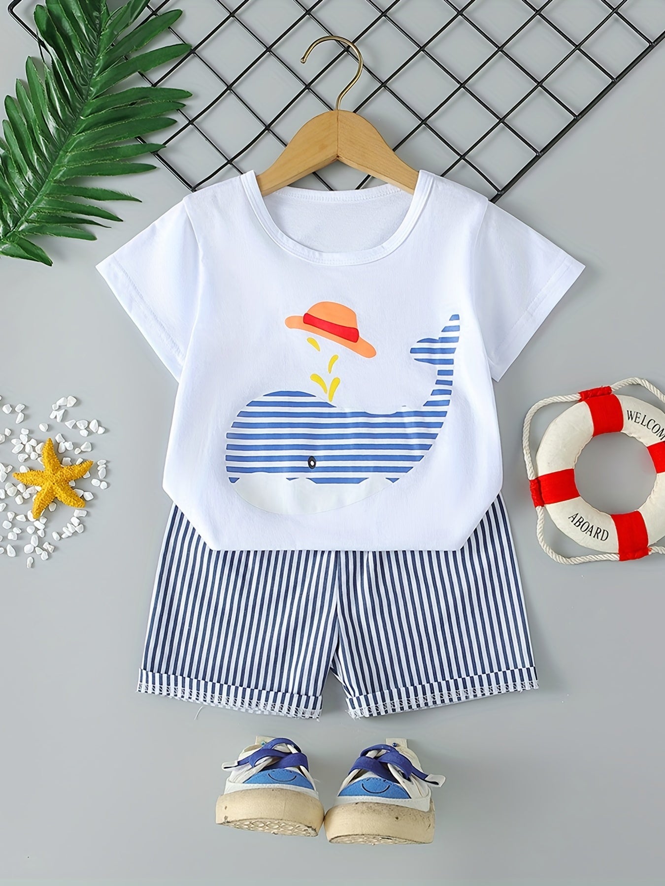 Boys Whale Casual Outfit: T-shirt & Striped Shorts for Summer Wear