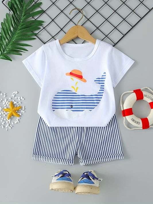 Boys Whale Casual Outfit: T-shirt & Striped Shorts for Summer Wear