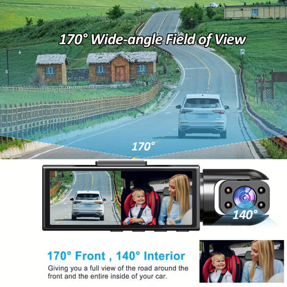 ZKCAMSPY Dual Dash Cam with 1080P front and 720P inside cameras, HD night vision, loop recording, G-sensor, wide angle, 27.5FPS, rechargeable lithium polymer battery, adhesive mount, and PC