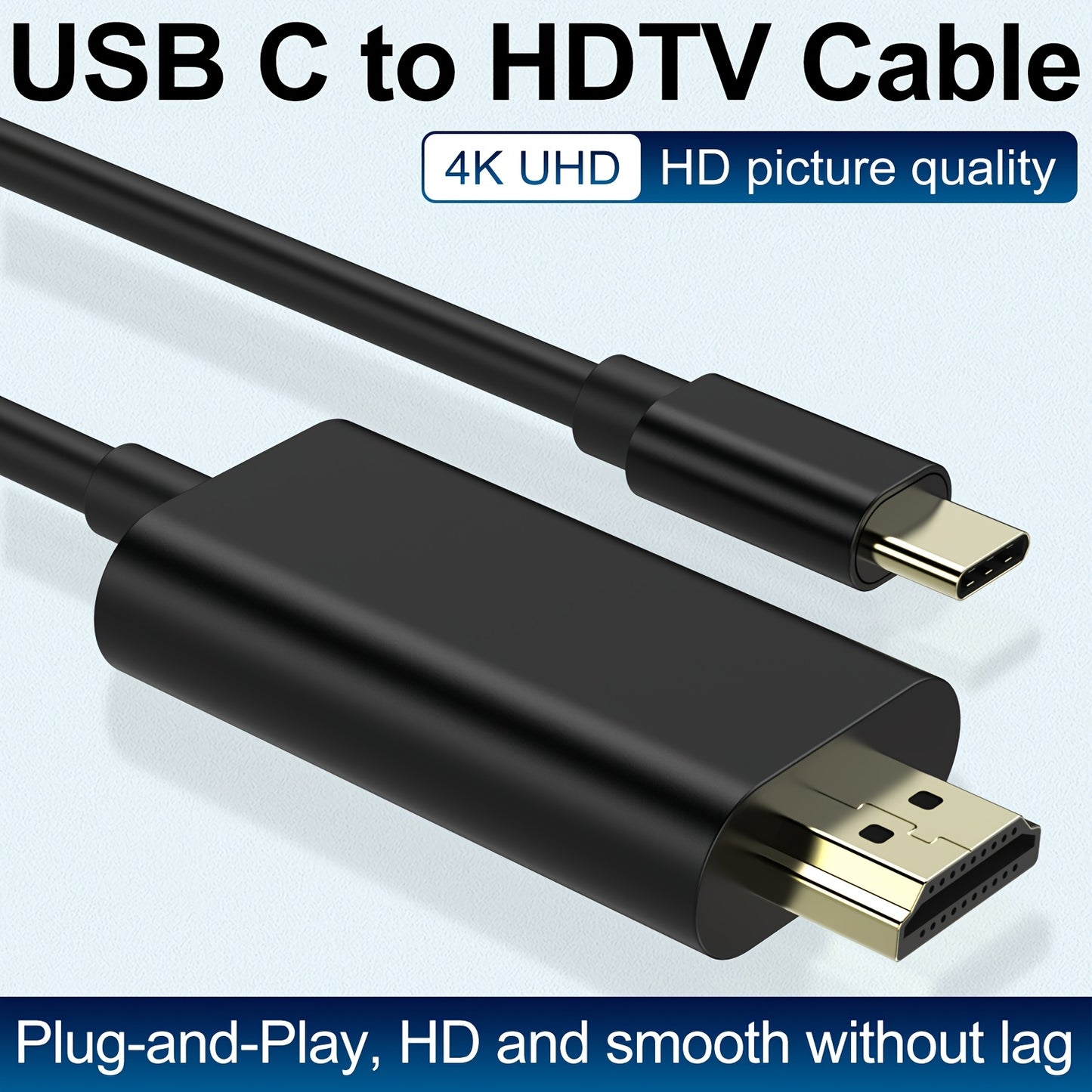 182.88cm USB-C to HDTV Cable for MacBook Air, iPad Pro, Surface, Chromebook, TV Monitor. 4K HD resolution, flat male to male connector, includes Cat5e Ethernet Cable and USB-powered with 5V