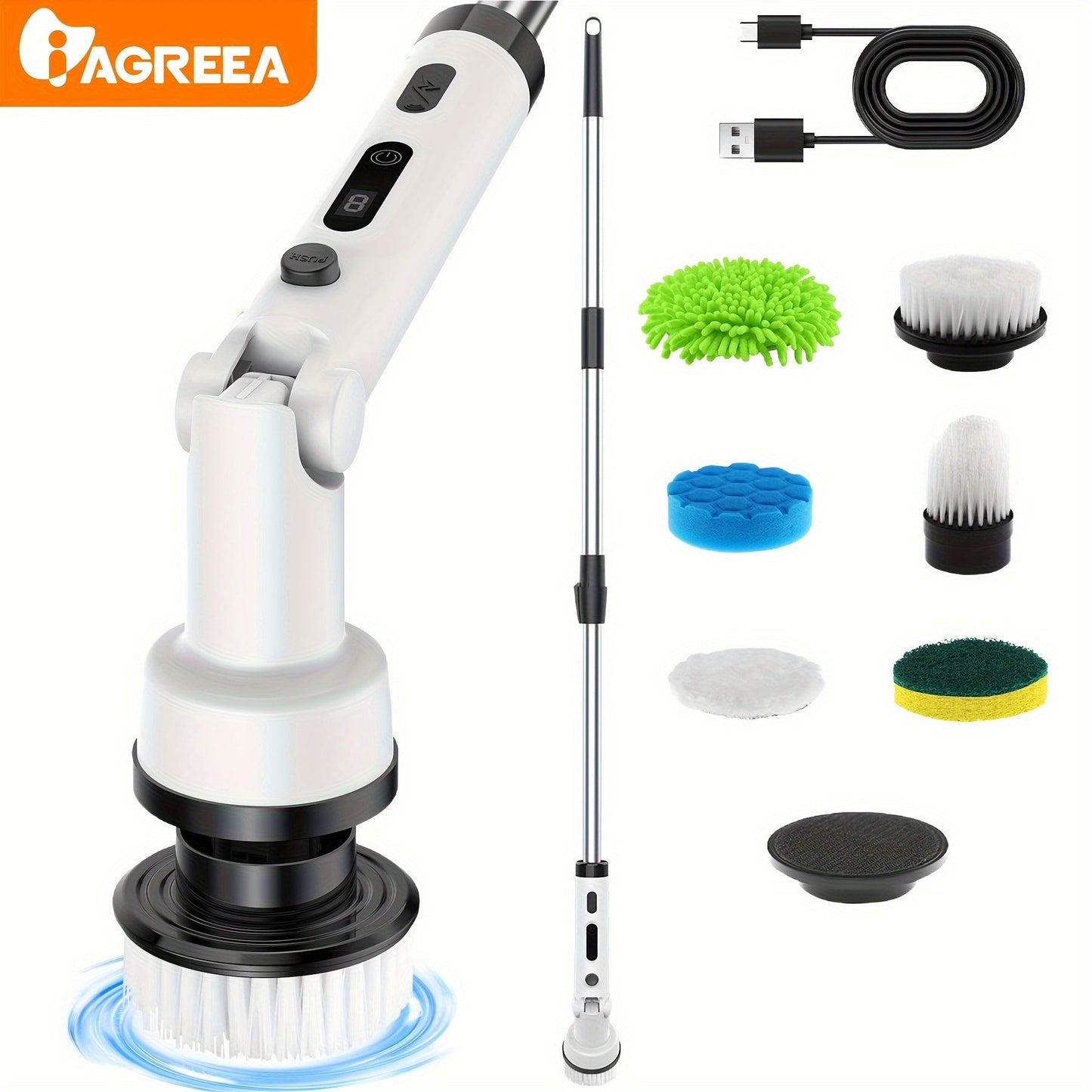 IAGREEA Electric Spin Scrubber is a versatile and convenient power cleaner with 6 brush heads, medium firmness, digital display, perfect for use in the bathroom, kitchen, living room, car, floor, and ceiling. It is extendable, cordless, and powered by a