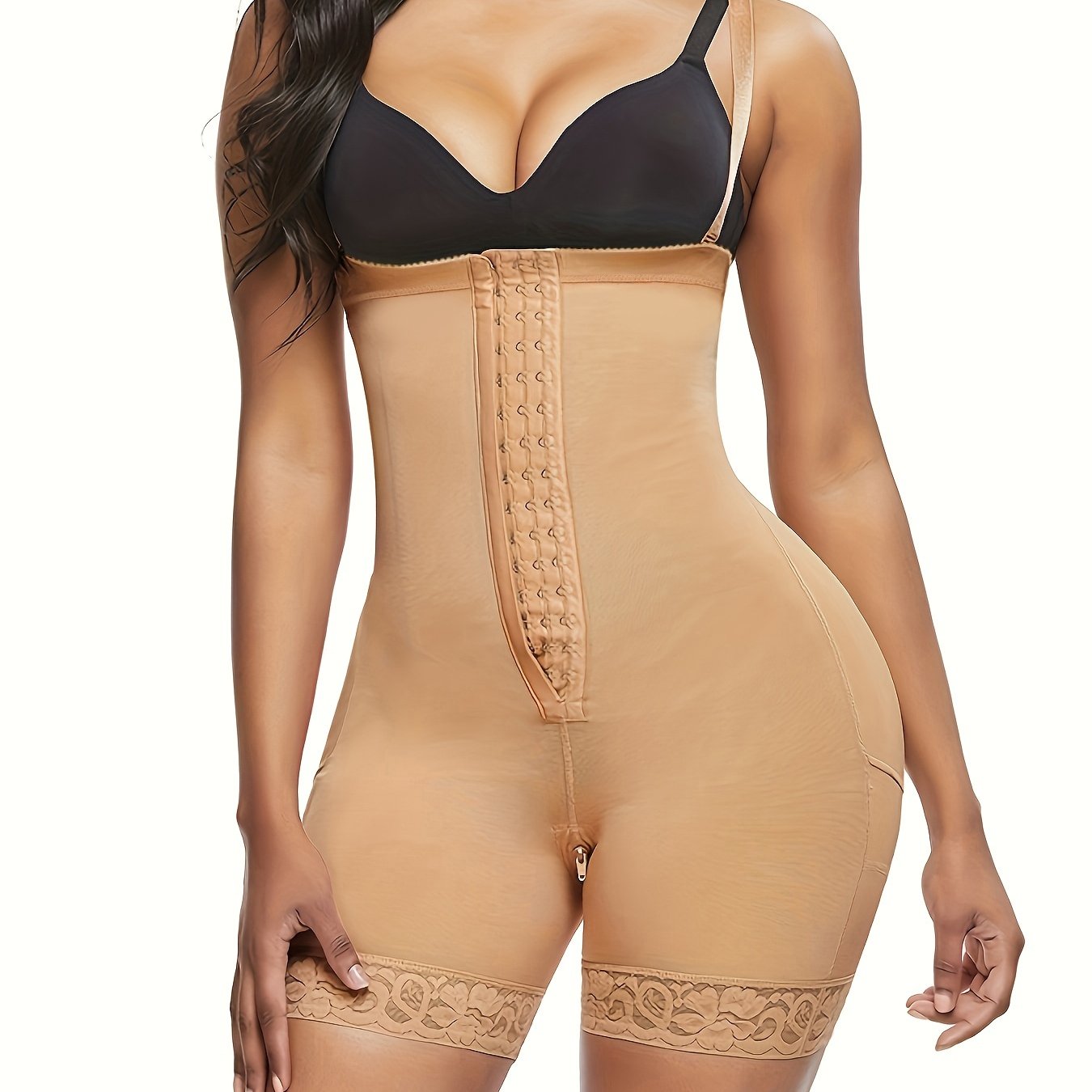 Black body shaper for women with straps, high-waist thigh slimmer, tummy control, butt lifter, lace trim, seamless slimming shorts.