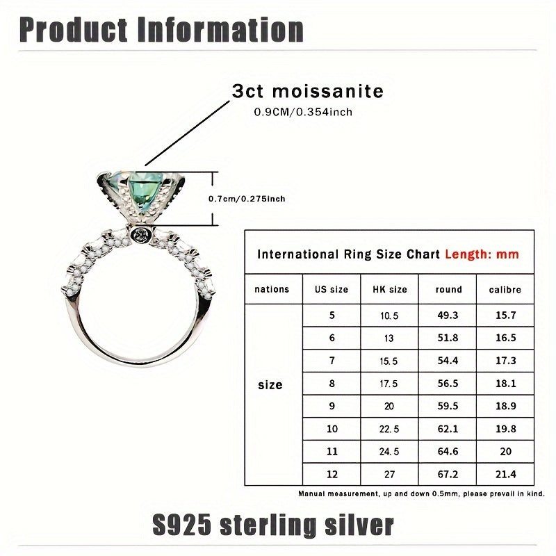 Classy S925 Sterling Silver Ring featuring a stunning 3ct Green Moissanite stone, perfect for engagements or as a luxurious gift. The band is embellished with non-plated Moissanite stones, making it suitable for all seasons. Available in sizes 3.3-3.5g.