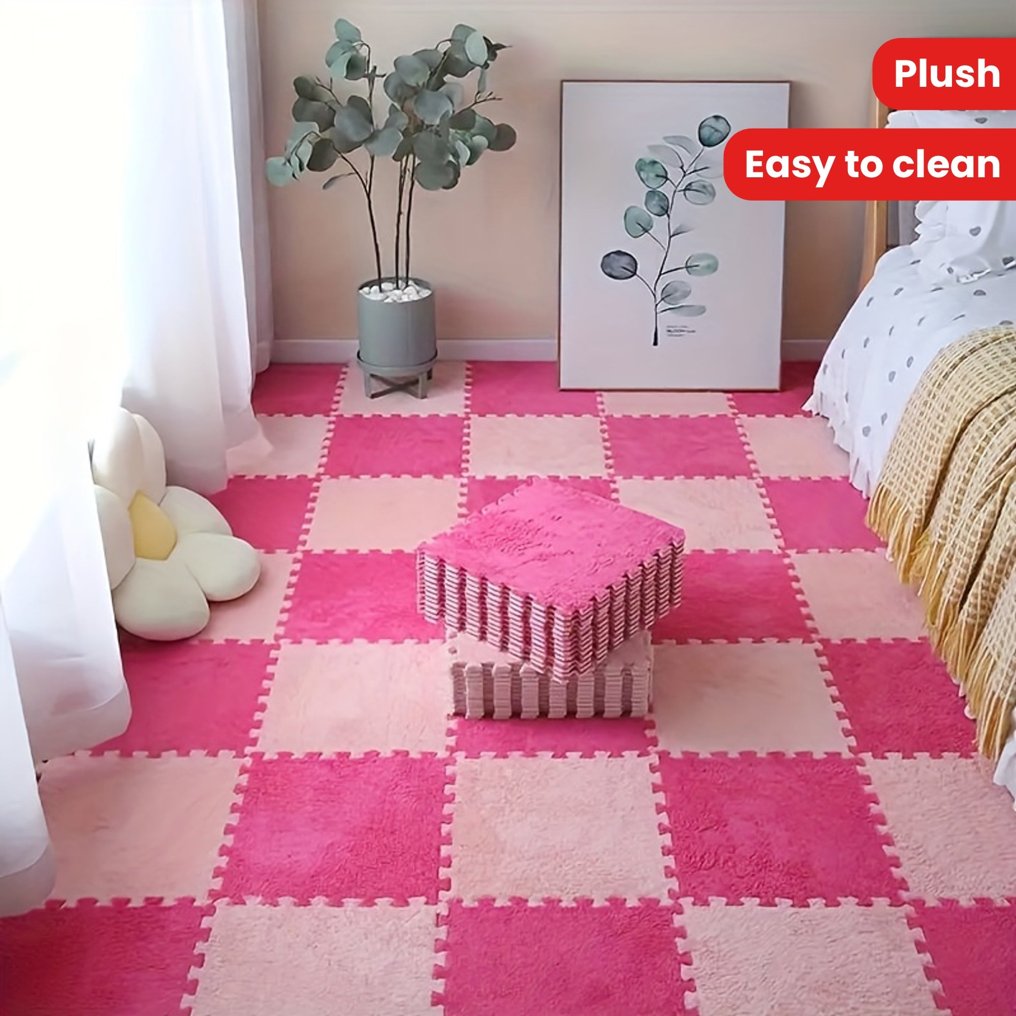 Spacious and cozy, this plush carpet floor mat features 24 pieces that can be easily spliced together to create a custom fit for any room. Suitable for use in the bedroom, living room, or balcony, this mat is designed to provide comfort and protection