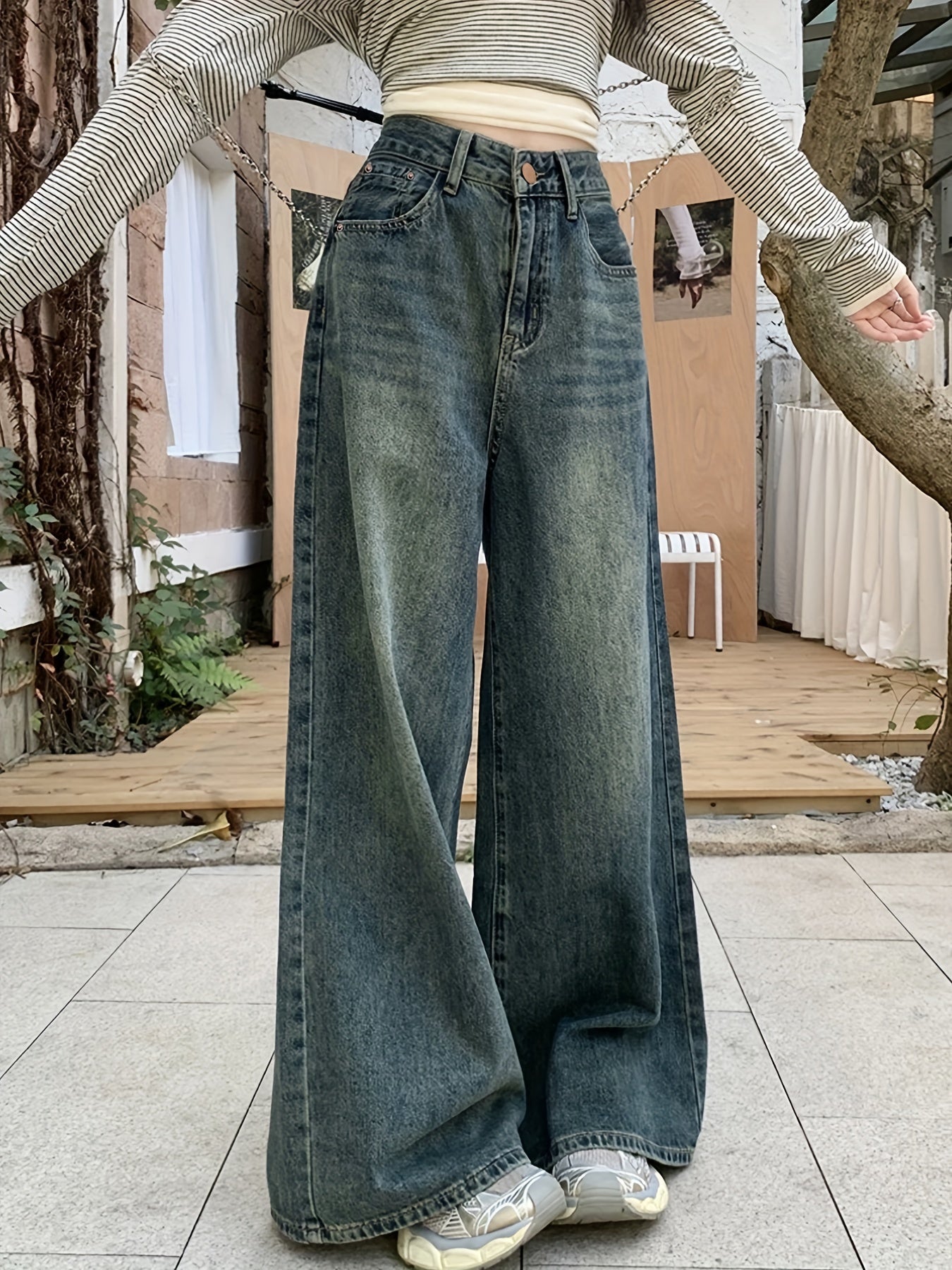 1pc XNVJEVGY Women's High-Waisted Wide Leg Denim Jeans, Casual Style, Non-Stretch, Solid Color, Long Zipper Closure, Washed Finish, All Seasons.