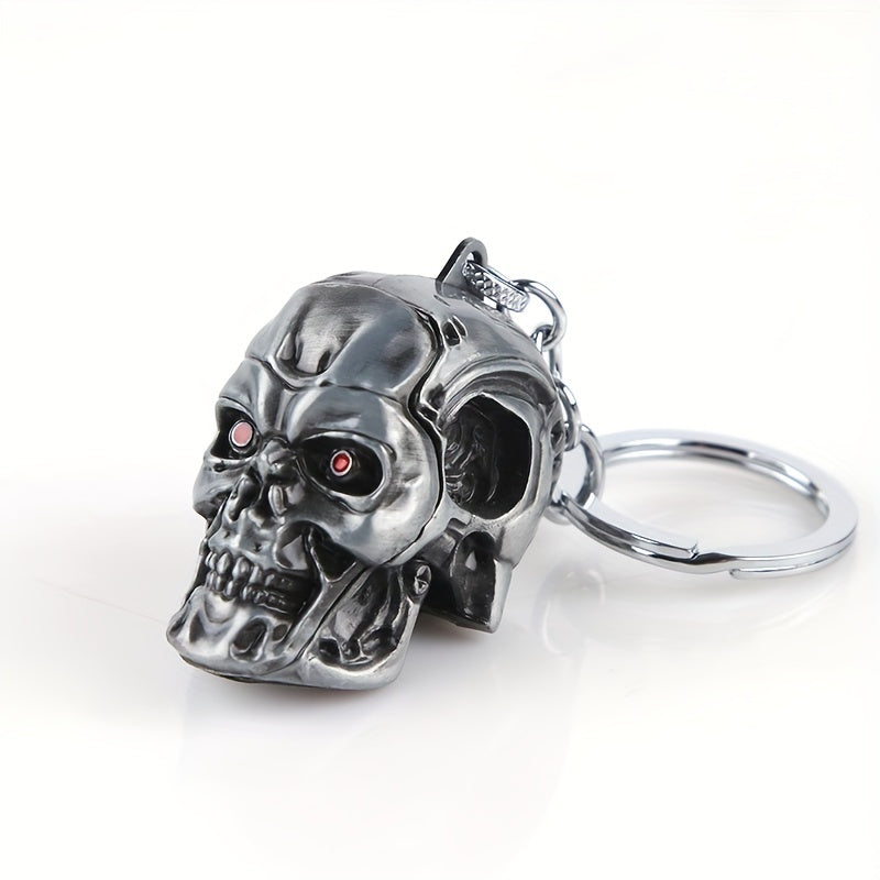 A stylish and versatile Terminator skull keychain that has a personality inspired by movies and TV shows. It is adorned with a golden pendant, adding an extra touch of flair.