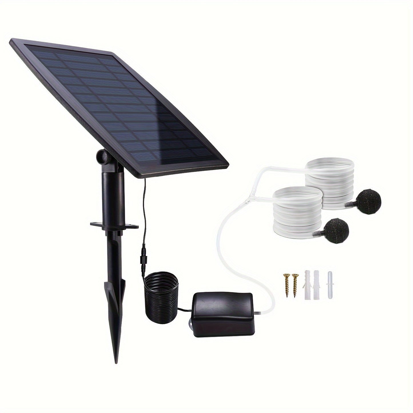 Solar powered air pump kit for garden fish tank pool fishing, includes 2.5W solar panel, air pump, hoses, and stones.