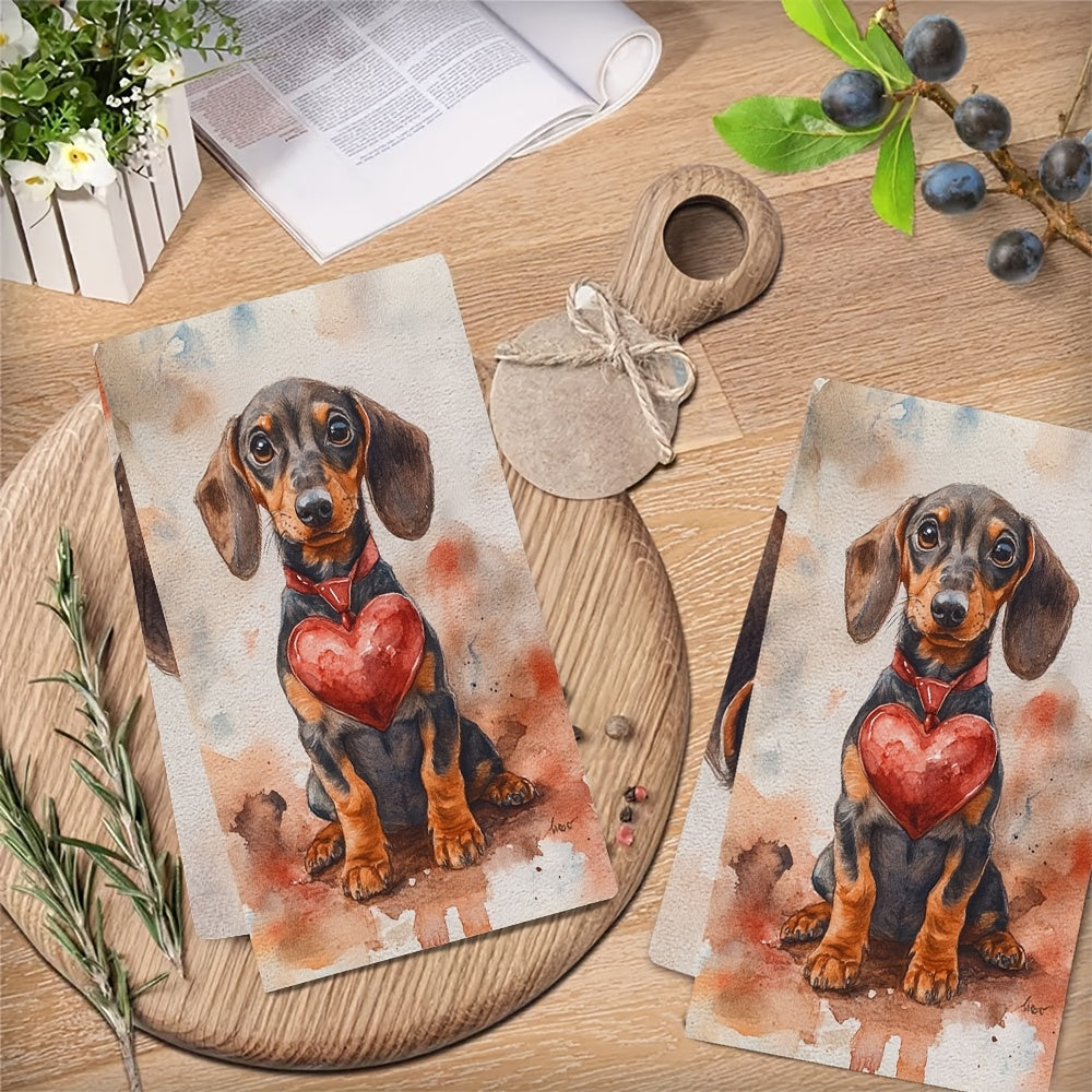 Get two ultra soft kitchen towels featuring an adorable dachshund puppy with a heart design. These highly absorbent and machine washable hand towels measure 40.64x60.96 cm and are perfect for Valentine's Day decor or as dish towels.