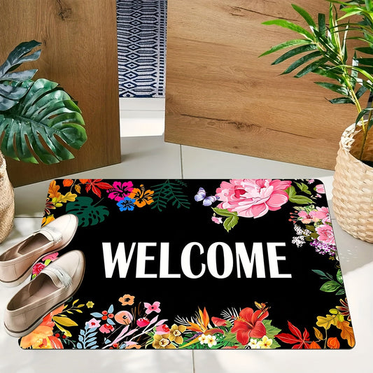 Floral Welcome Mat - Modern Low-Profile Funny Doormat, Non-Slip Mat for Indoor/Outdoor Use - Perfect for Farmhouse Kitchen, Patio, Bathroom Entryway