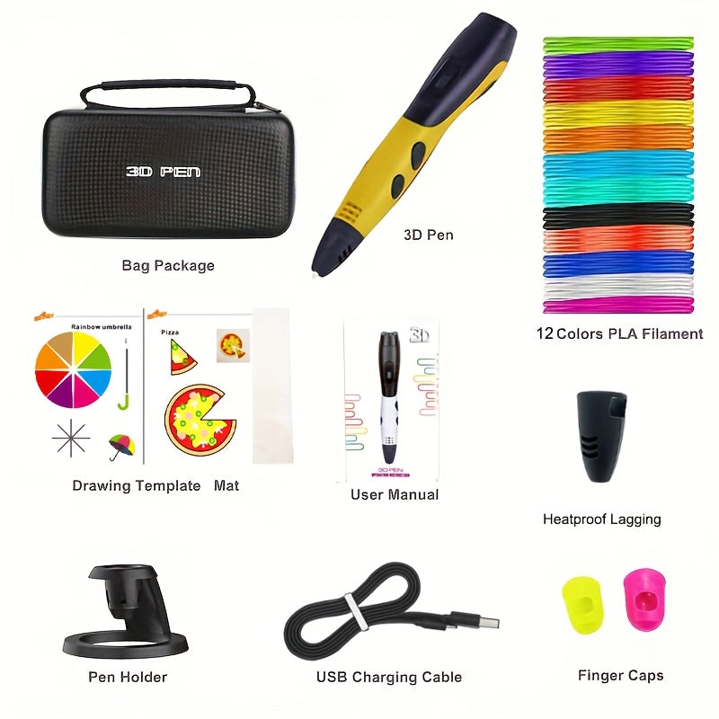 SETOOKJ 3D Printing Pen Kit - USB Powered with 12 Colors PLA Filament, Stencil Guide, User Manual; No Battery Needed