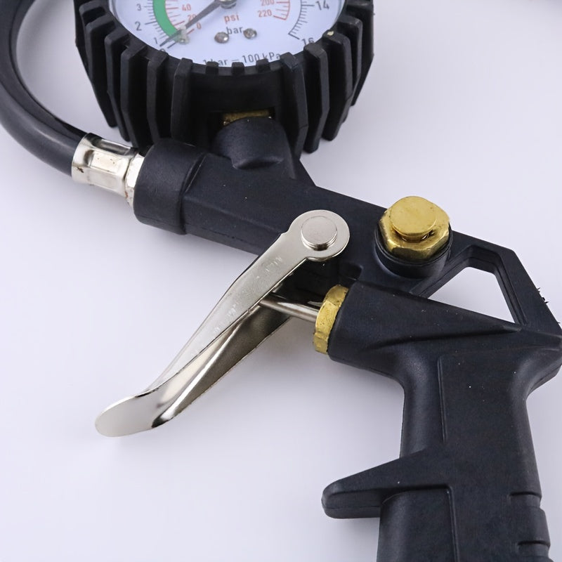 High-precision tire pressure monitor with digital gauge for vehicles, featuring ergonomic handle, metal nozzle, easy-to-read dial, and durable construction. Ideal for car maintenance and