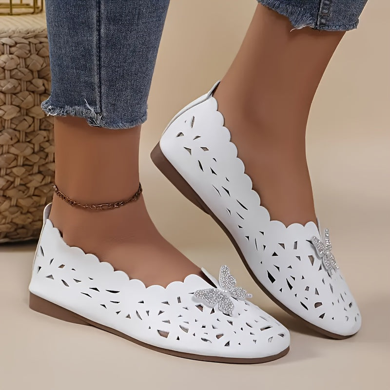 All-season flat shoes for women with diamond butterfly detail, round toe hollow design, lightweight and breathable construction. Features a flexible rubber sole, soft microfiber insole