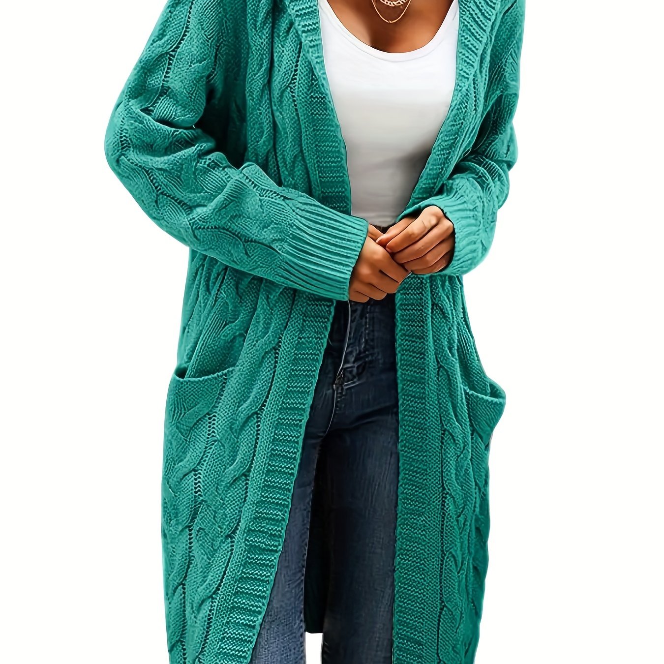 Casual hooded cardigan with cable knit pattern and front pockets, made of cozy acrylic for fall/winter. Machine washable and perfect for layering.