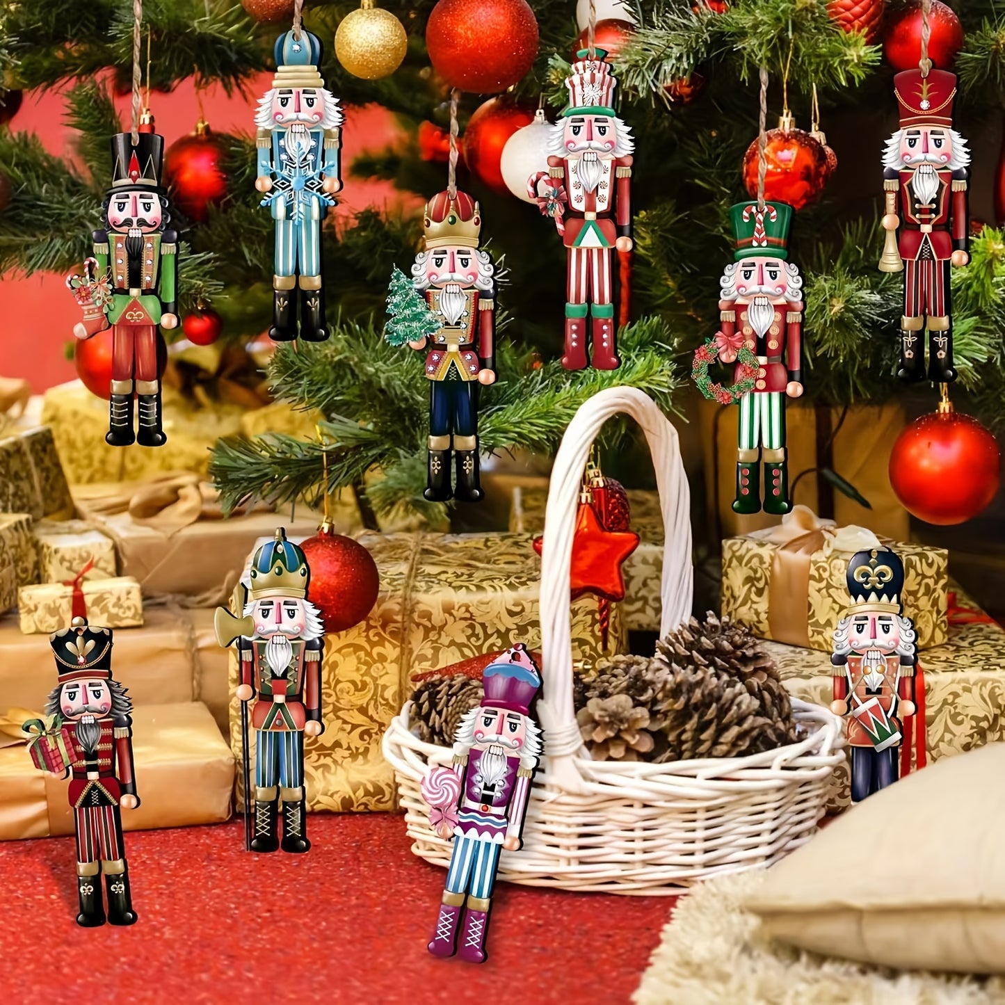 Set of 12 Nutcracker Wooden Ornaments - Traditional Christmas Decor for Parties & Home