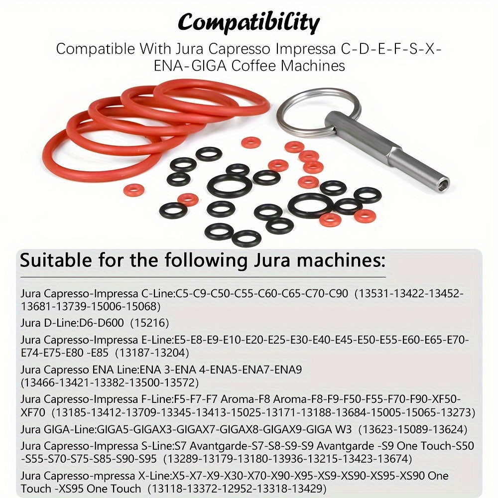 Complete O-ring Gasket Seal Set with Key Tool for Jura Capresso/Impressa Machines, including Brew Group and Drainage Valve O-ring. Compatible with a wide range of Jura C, E, ENA, F, J, S, Z, X, Cappuccino Maker Series Machines.