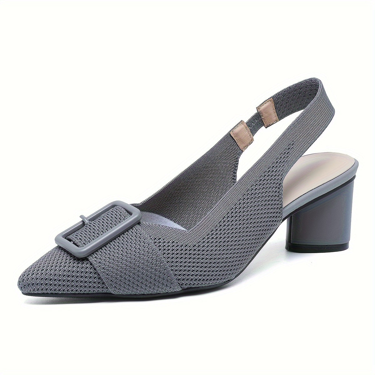 Women's mid-heel pumps with breathable knit, pointed toe, slip-on style, and chunky heel for all seasons.