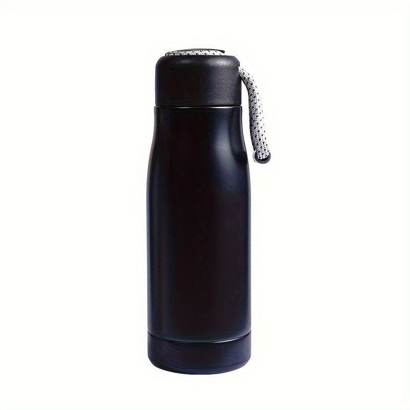 Personalized thermos bottle with laser-engraved text on stainless steel featuring rope design.