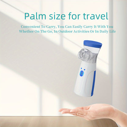 Portable facial steamer in white and blue design for home, office, and beauty care. Battery-powered and scent-free.