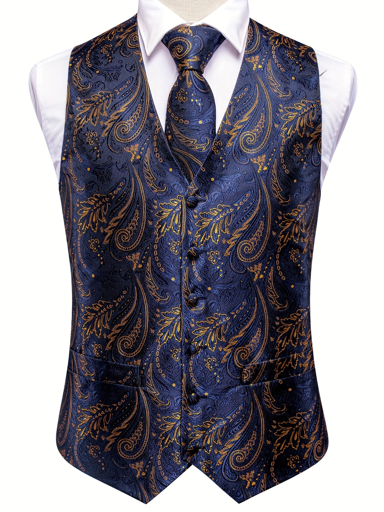 White paisley pattern accessories for big men: waistcoat, necktie, hanky, and cufflinks