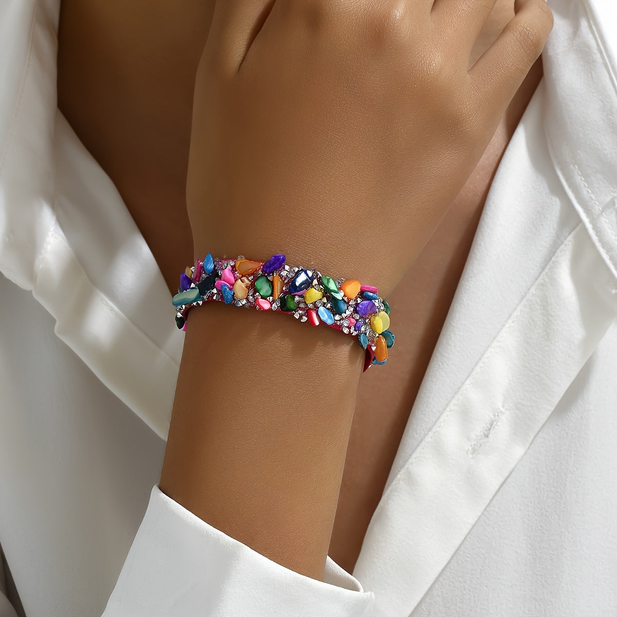 Boho-inspired Wide Bangle Bracelet with Colorful Inlaid Shiny Faux Gems and Rhinestones, Elegant Hand Jewelry Piece