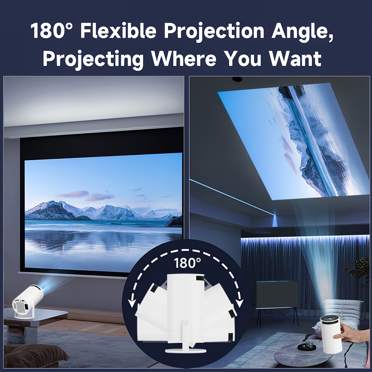 Ultra HD Projector with WiFi casting, 180° rotation, Android TV, portable home theater!