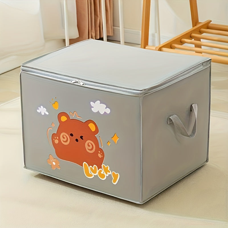 Storage bins for ages 14 and up in cartoon design, perfect for organizing clothes and quilts. These lightweight and portable bins are not waterproof and ideal for toys, seasonal clothing, and household items. Great for moving and packing, these flip top