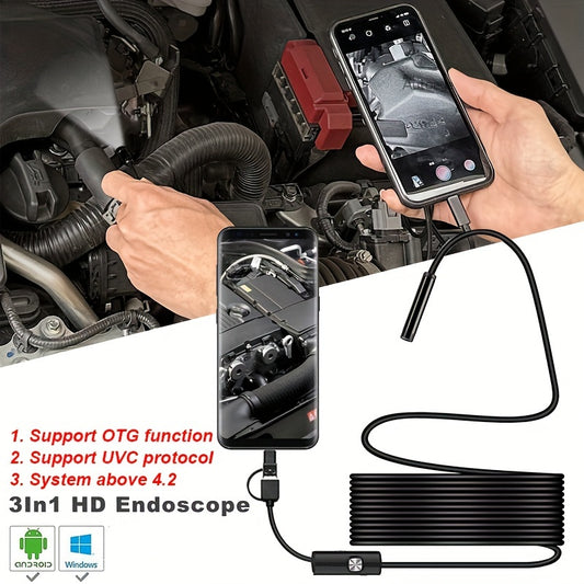 3-in-1 Type-C USB Inspection Camera for Industrial HD Endoscope with 6 LED Lights, Adjustable Brightness Borescope for Android Phone and Computer.