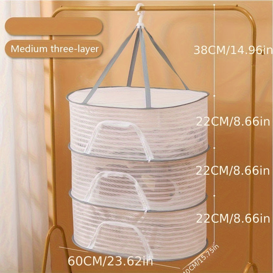 3-Tier Foldable Mesh Drying Rack with Zipper - Multi-functional Hanging Dryer for Laundry, Fish, and More - No Electricity Required, Ideal for Balcony, Clothing Drying, and Organization purposes.