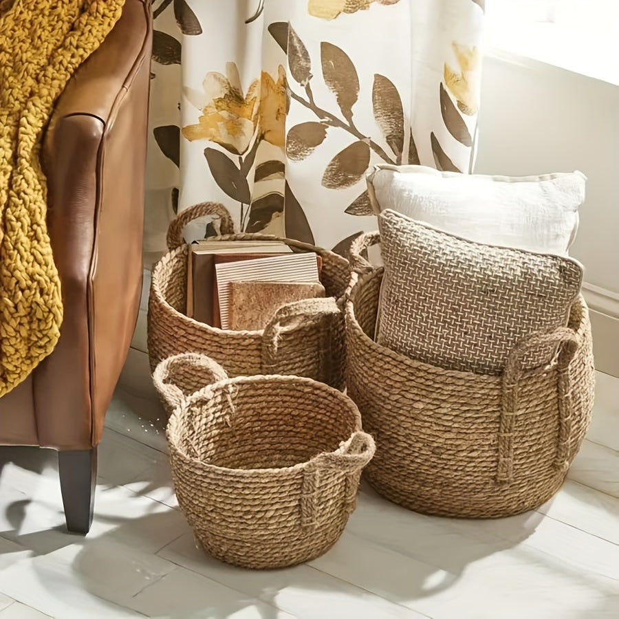 3 Handmade Woven Storage Baskets with Rustic Grass Finish - Perfect for Laundry or Home Organization