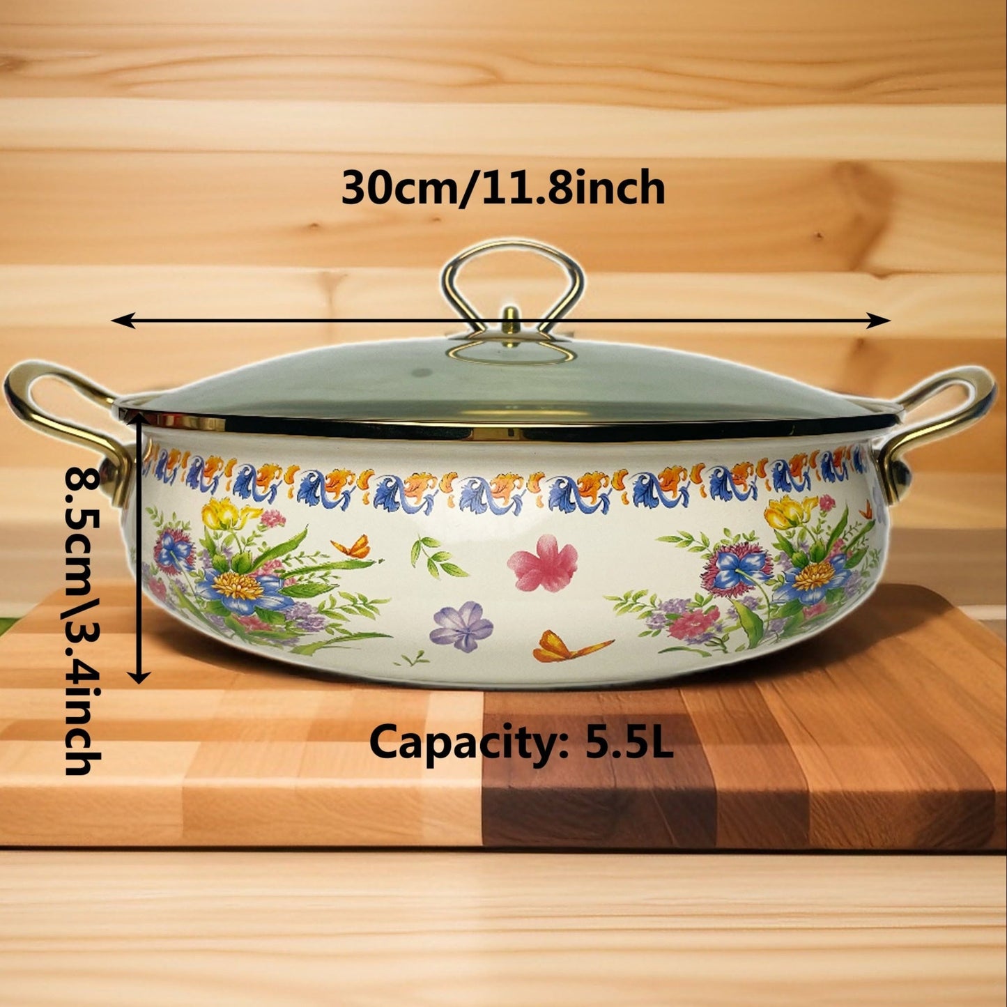 Large Capacity Enamel Stockpot with Lid Featuring Vintage Floral Design and Thickened Enamel Soup Pot with Dual Handles, Perfect for Home Cooking