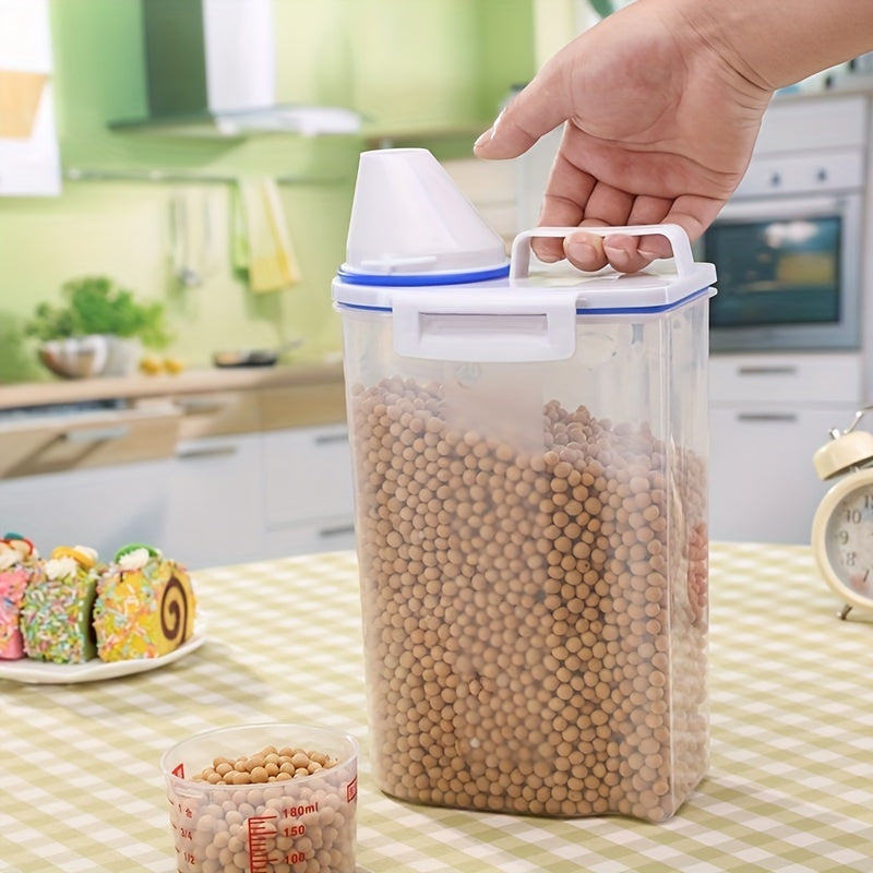 Large capacity cereal storage container with measuring cup, designed for storing rice, cereals, grains, flours, dog food, and pet food. This moisture-proof and insect-proof sealed storage container is perfect for keeping your food fresh. Use as a