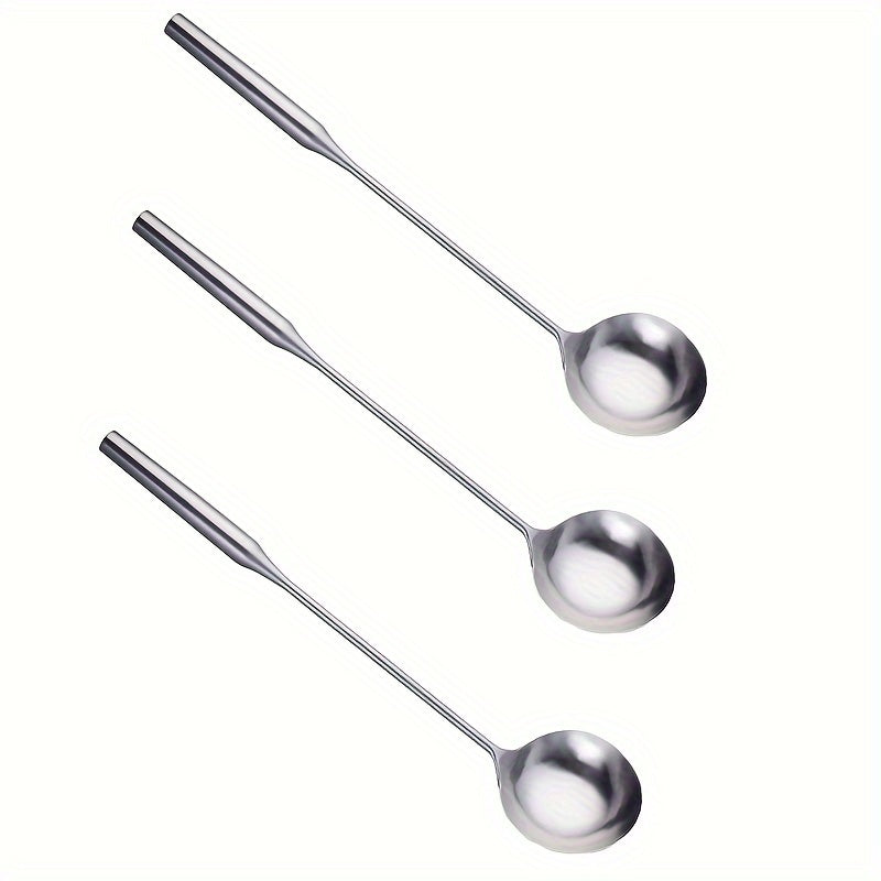 Set of 3 Stainless Steel Cooking Spoons with Long Handles - Ideal for Stirring, Serving Soup, and Cooking - Sturdy and Dishwasher Friendly