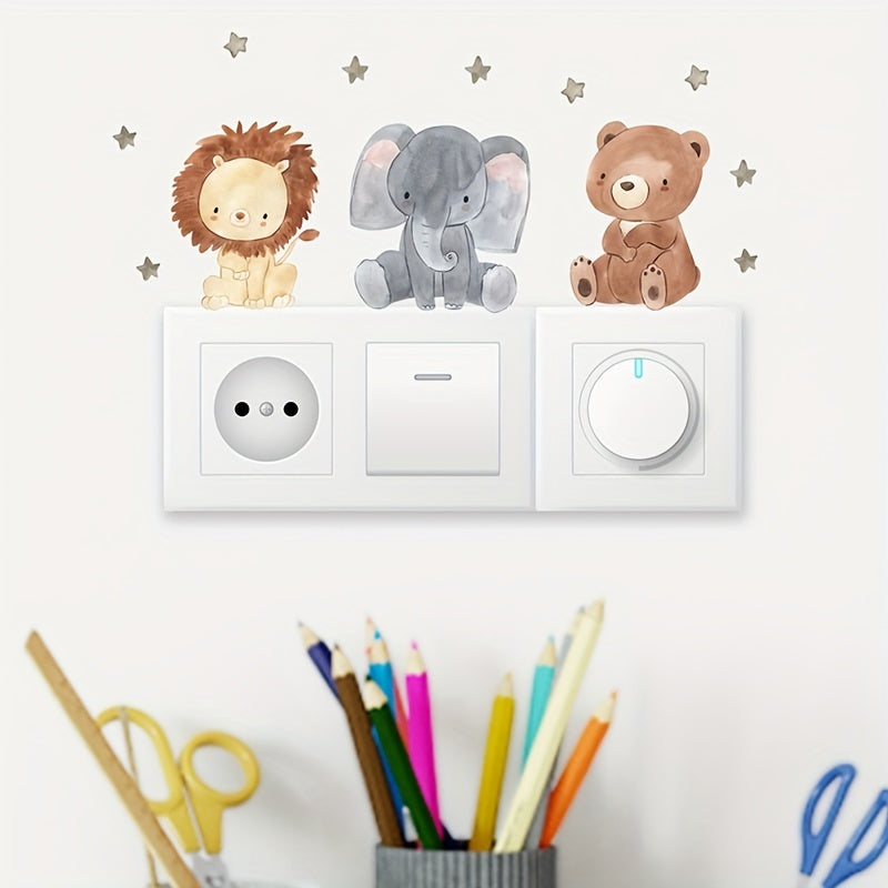 Decorate your room with 12 adorable cartoon animal switch stickers featuring lions, elephants, and rabbits. These bohemian wall stickers are perfect for adding a touch of cuteness to your space. They can be used on windows, doors, or any smooth surface