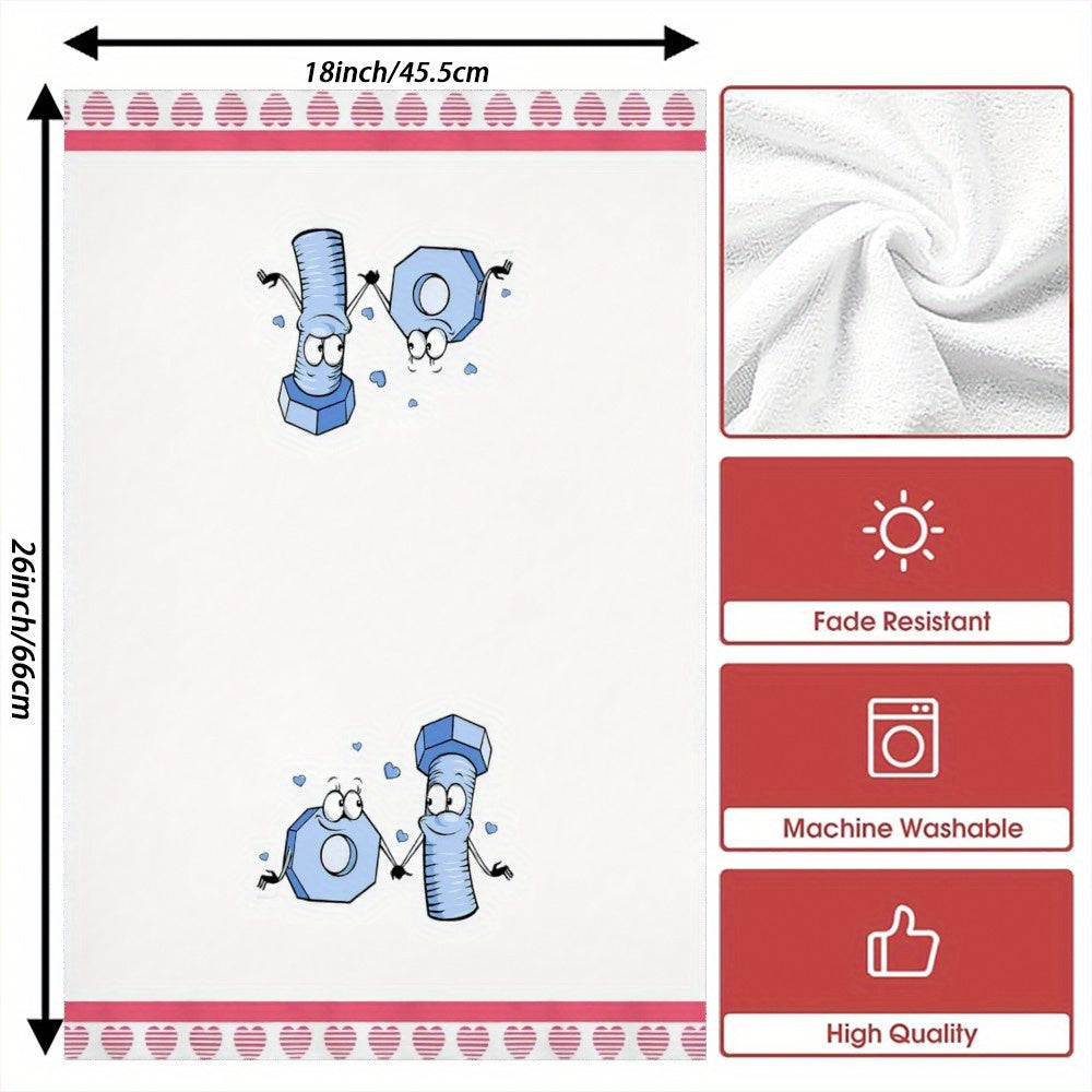 Two pieces of Valentine Heart design kitchen towels, measuring 45.72 x 66.04 cm each. These towels are perfect for all seasons, making them a great gift for camping enthusiasts. They are machine washable and feature long-lasting vibrant colors.