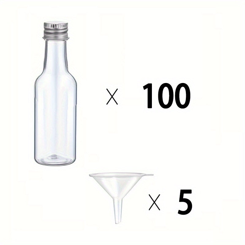 Choose from sets of 25, 50, or 100 mini liquor plastic bottles with lids and funnels, each holding 1.7oz/50ml. These compact, reusable, and leak-proof containers are perfect for cocktail parties, weddings, and gift baskets. Includes bottles for ginger