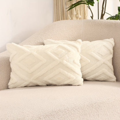 Pair of plush throw pillow covers in contemporary geometric pattern, hand wash only, 100% polyester zipper closure, beige wavy design for living room décor.